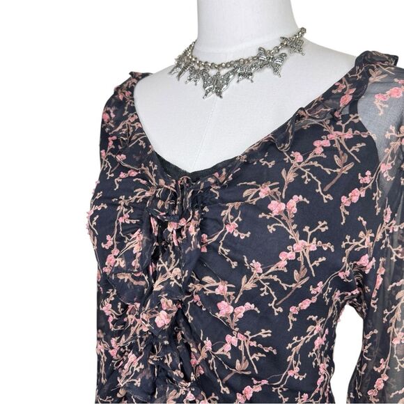 Y2K Vision Apparel Silk Black + Pink Beaded Tie Floral Sheer Blouse Size Large - Picture 2 of 8